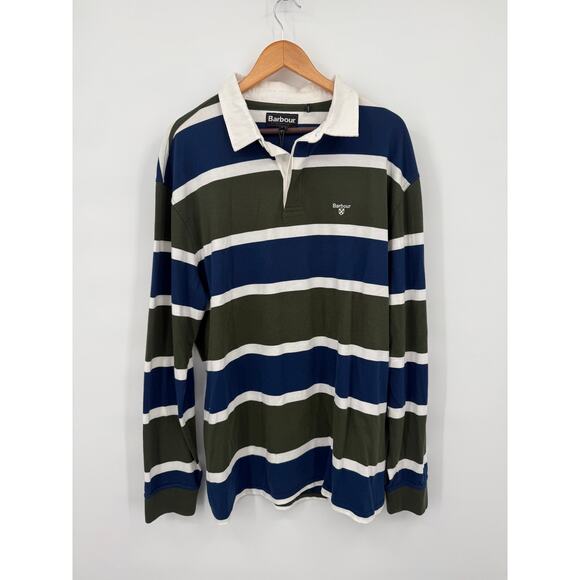NWT Barbour Mens Hawes Rugby Forest Polo Shirt Long Sleeve Striped Blue Size XXL - Picture 1 of 12